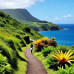 Caribbean Holidays, April Walking Holidays, A scenic coastal walking trail in Saint Lucia in April, with lush green hills, tropical plants and the blue Caribbean Sea