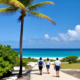 Caribbean Holidays, April Walking Holidays, A sunny Caribbean coastal walking trail with turquoise sea, palms and hikers in light clothing