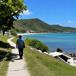 Caribbean Holidays, April Walking Holidays, A sunny coastal walking trail on Saint Kitts with calm blue Caribbean water, green hills and a relaxed April atmosphere