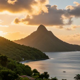 Caribbean Holidays, April Walking Holidays, A sunset view over Saint Vincent and the Grenadines with green hills, calm Caribbean water and a small boat