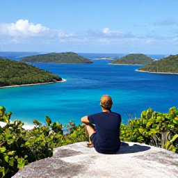Caribbean Holidays, April Walking Holidays, A walker resting at a viewpoint above Trunk Bay on St John, United States Virgin Islands, with bright blue water and green islands in the distance