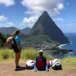 Caribbean Holidays, April Walking Holidays, Comfortable walkers resting beside a Saint Lucia trail with water bottles, light day packs and a panoramic Caribbean view