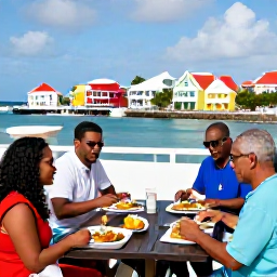 Caribbean Holidays, April Walking Holidays, Friendly travellers enjoying a local Caribbean lunch after a walk in Philipsburg, Sint Maarten, with colourful buildings and a harbour nearby