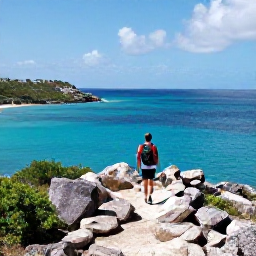Caribbean Holidays, April Walking Holidays, Hikers following a rocky path above Anse de Colombier on Saint Barth&eacute;lemy, looking across clear blue Caribbean water