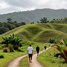 Caribbean Holidays, April Walking Holidays, Hikers following a scenic path through green Dominican countryside, with low hills, tropical plants and distant Caribbean mountains