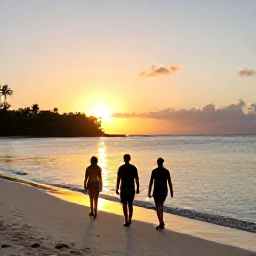 Caribbean Holidays, April Walking Holidays, Hikers relaxing beside a calm Caribbean beach at sunset after a day of walking