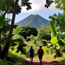 Caribbean Holidays, April Walking Holidays, Hikers walking through lush green forest on Mount Liamuiga in Saint Kitts, with volcanic scenery and filtered tropical sunlight