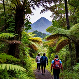 Caribbean Holidays, April Walking Holidays, Hikers walking through rich rainforest on Saint Vincent, with volcanic hills, ferns and filtered sunlight