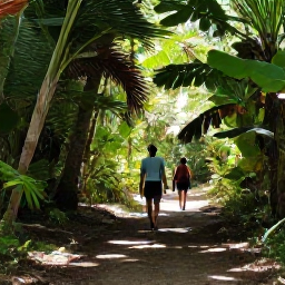 Caribbean Holidays, April Walking Holidays, Hikers walking through tropical woodland on St John, United States Virgin Islands, with dappled sunlight and lush vegetation
