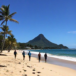 Caribbean Holidays, April Walking Holidays, Walkers enjoying a quiet golden beach on Nevis with palm trees, gentle waves and the green outline of Nevis Peak