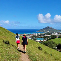 Caribbean Holidays, April Walking Holidays, Walkers exploring a green hillside trail above a Caribbean bay on Saint Martin, with panoramic views and a clear blue sky