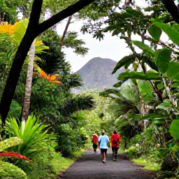 Caribbean Holidays, April Walking Holidays, Walkers exploring a rainforest path beneath tropical foliage, with volcanic hills visible through the trees