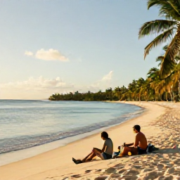 Caribbean Holidays, April Walking Holidays, Walkers resting on a sandy Dominican beach after a morning hike, with calm blue water, palms and warm afternoon light