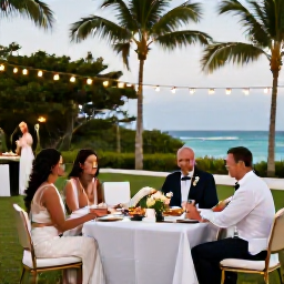 Caribbean Holidays, April Weddings, A bride and groom enjoying a relaxed outdoor wedding reception at a Caribbean hotel in Saint Kitts, with tropical food and fairy lights