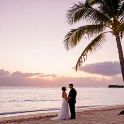 Caribbean Holidays, April Weddings, A couple enjoying a romantic sunset wedding photograph on a Bahamian beach, with calm sea, pastel sky and palm trees