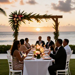 Caribbean Holidays, April Weddings, A friendly Caribbean wedding reception at sunset, with a decorated outdoor table, tropical flowers, soft lights and guests celebrating near the sea