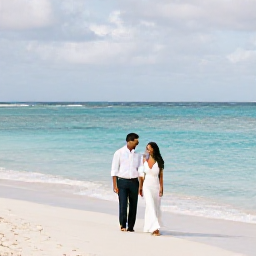 Caribbean Holidays, April Weddings, A newly married couple walking along a bright Caribbean beach on Saint Martin in April, calm turquoise sea and soft sunlight