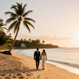 Caribbean Holidays, April Weddings, A newly married couple walking along a quiet golden beach in Saint Kitts at sunset, with palm trees and calm Caribbean water