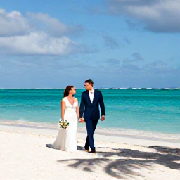 Caribbean Holidays, April Weddings, A newly married couple walking along a sunny white-sand beach in The Bahamas in April, with turquoise sea and soft palm shadows