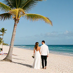Caribbean Holidays, April Weddings, A newlywed couple walking along a bright Caribbean beach in April sunshine, palm trees, calm turquoise sea and a relaxed romantic atmosphere