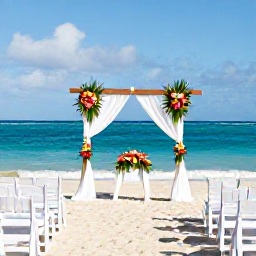 Caribbean Holidays, April Weddings, A romantic beach wedding ceremony on Saint Kitts, with white chairs, simple tropical flowers and turquoise Caribbean sea