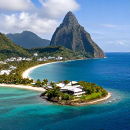 Caribbean Holidays, April Weddings, Aerial view of Saint Lucia coastline with lush mountains, turquoise water and a luxury wedding resort