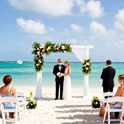 Caribbean Holidays, April Weddings, An elegant beachfront wedding ceremony in The Bahamas with white chairs, simple tropical flowers and a turquoise lagoon behind the couple
