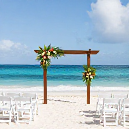 Caribbean Holidays, April Weddings, An elegant Caribbean beach wedding ceremony with white chairs, simple tropical flowers, a wooden arch and the sea behind it