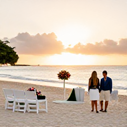 Caribbean Holidays, April Weddings, Aruba beach wedding ceremony at sunset with white chairs, tropical flowers and a couple walking beside the sea