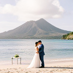 Caribbean Holidays, April Weddings, Bride and groom celebrating an intimate beach wedding in Montserrat in April, with volcanic hills and calm Caribbean sea in the background