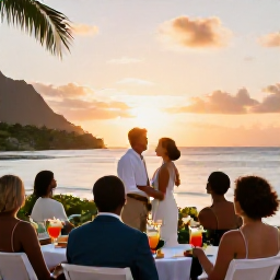 Caribbean Holidays, April Weddings, Bride and groom enjoying a sunset celebration at a Saint Lucia beachfront resort with guests and tropical drinks