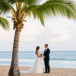 Caribbean Holidays, April Weddings, Bride and groom exchanging vows beside a palm-fringed beach in Puerto Rico during warm April sunshine