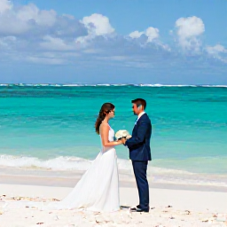 Caribbean Holidays, April Weddings, Bride and groom exchanging vows on a sunny Aruba beach in April, with turquoise sea, white sand and gentle trade winds
