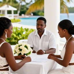 Caribbean Holidays, April Weddings, Bride and groom meeting a friendly local wedding planner at a tropical hotel in Trinidad and Tobago, paperwork and flowers on a table