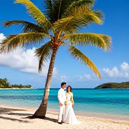 Caribbean Holidays, April Weddings, Bride and groom posing for wedding photographs beside a tropical beach in the United States Virgin Islands, with palm trees and turquoise water