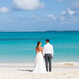 Caribbean Holidays, April Weddings, Bride and groom standing beside a turquoise Caribbean sea on a white sandy beach in the British Virgin Islands, gentle April sunshine