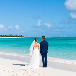 Caribbean Holidays, April Weddings, Bride and groom standing beside a turquoise lagoon on a white sandy beach in Turks and Caicos during a sunny April wedding
