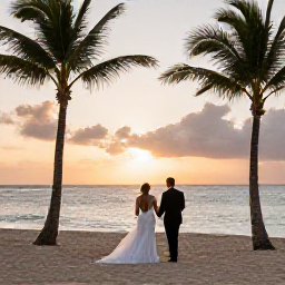 Caribbean Holidays, April Weddings, Bride and groom walking along a palm-fringed Dominican Republic beach at sunset in April