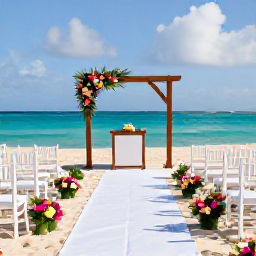Caribbean Holidays, April Weddings, Elegant beach wedding setting in Sint Maarten with white chairs, tropical flowers and a small wooden ceremony arch