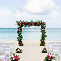 Caribbean Holidays, April Weddings, Elegant beachfront wedding ceremony with white chairs, tropical flowers and calm blue water at Grace Bay in Turks and Caicos