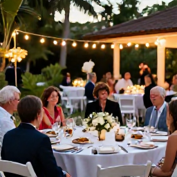 Caribbean Holidays, April Weddings, Elegant outdoor wedding reception in a tropical Trinidad garden, round tables, string lights, local dishes and guests enjoying the evening