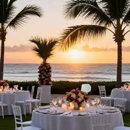 Caribbean Holidays, April Weddings, Elegant outdoor wedding reception overlooking a Puerto Rican beach at sunset, with tropical flowers and candlelit tables