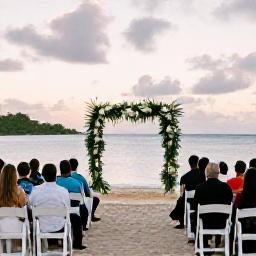Caribbean Holidays, April Weddings, Elegant seaside wedding ceremony at sunset on a Caribbean beach in St Thomas, with white chairs, tropical flowers and guests enjoying the view