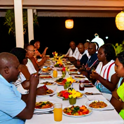 Caribbean Holidays, April Weddings, Friendly wedding reception at a small Montserrat Caribbean restaurant, with local food, tropical flowers and guests enjoying an informal evening