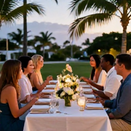 Caribbean Holidays, April Weddings, Happy wedding guests enjoying a relaxed Caribbean dinner outdoors in April, tropical setting and warm evening light
