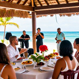 Caribbean Holidays, April Weddings, Happy wedding guests enjoying a relaxed Dominican Republic resort reception with tropical food and live music
