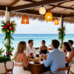 Caribbean Holidays, April Weddings, Happy wedding guests enjoying a relaxed seaside reception with tropical flowers, lanterns and Caribbean food in Turks and Caicos