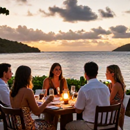 Caribbean Holidays, April Weddings, Happy wedding party sharing a relaxed dinner at a beachfront restaurant in the British Virgin Islands at sunset