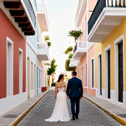 Caribbean Holidays, April Weddings, Newly married couple exploring colourful Old San Juan streets in warm April sunshine
