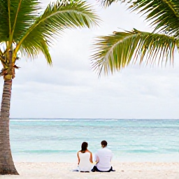Caribbean Holidays, April Weddings, Newly married couple relaxing on a Dominican Republic beach with palm trees and calm turquoise water